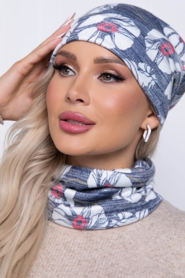 Комплект шапка и снуд (цветы/синий) ШС10